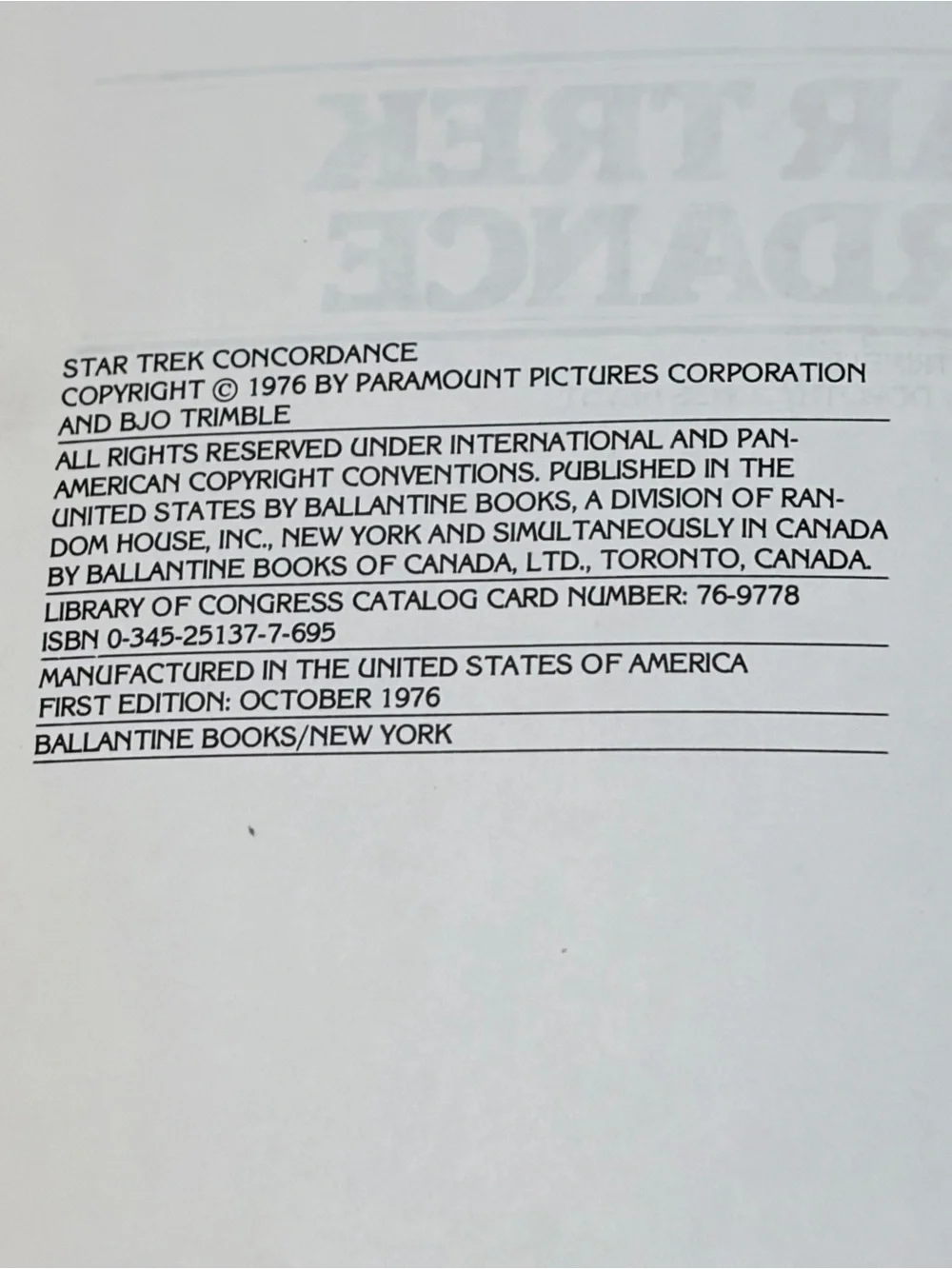 Vinatge-1976 BJO TRIMBLE- Star Trek Concordance- Based on a concept by Dorothy H